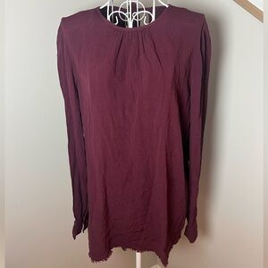 Raquel Allegra Women's 0 Burgundy Long Sleeve Blouse High Gathered Neck Fray Hem